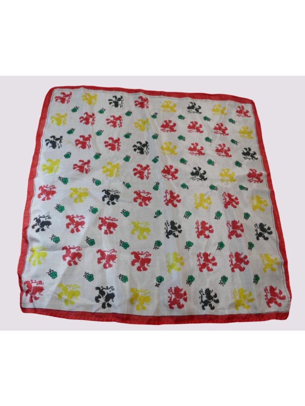 Vintage Heraldic Lion Rampant Pocket Square 16.5" Red Border Hand Rolled Scarf